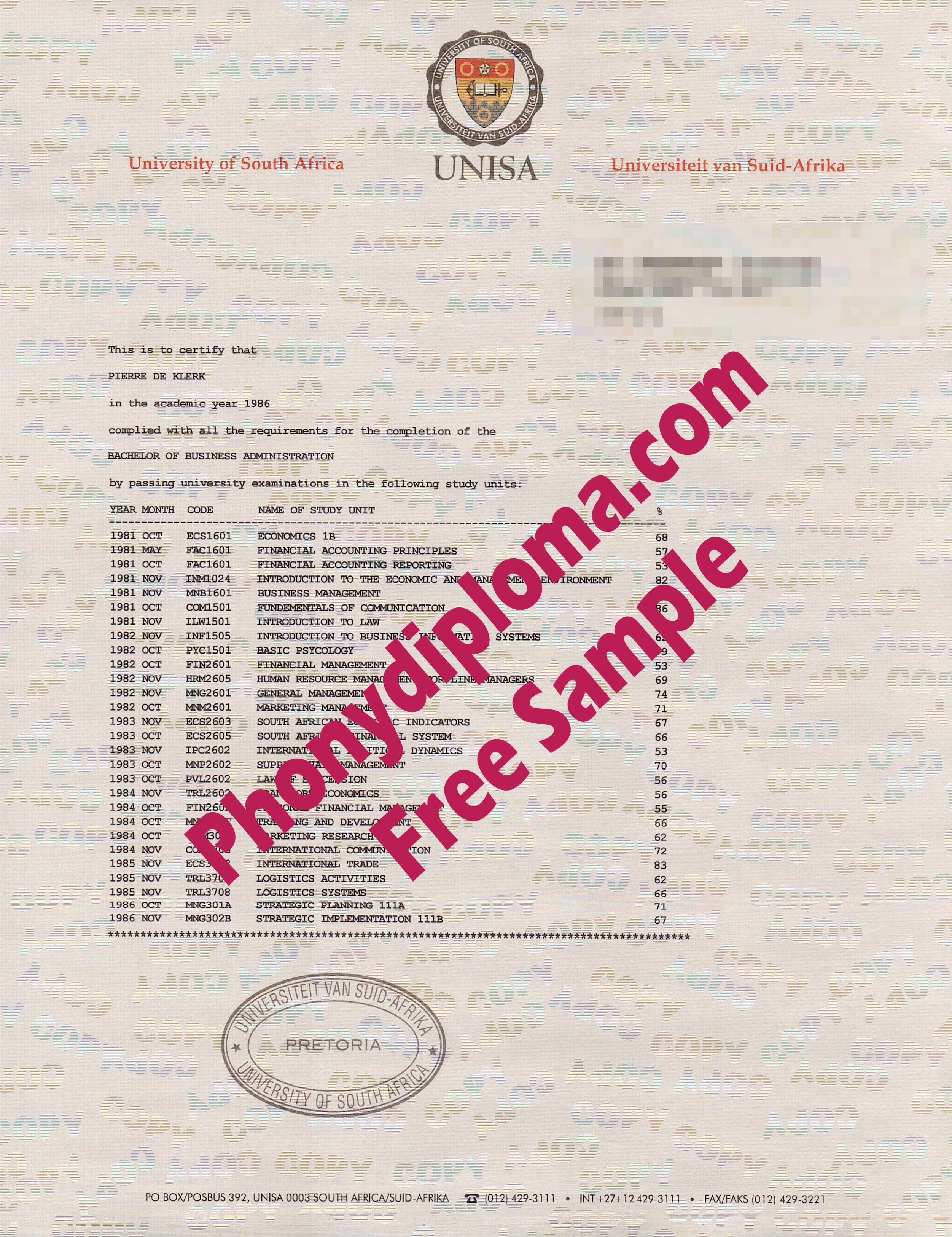 Unisa University Of South Africa Actual Match Transcripts Free Sample From Phonydiploma