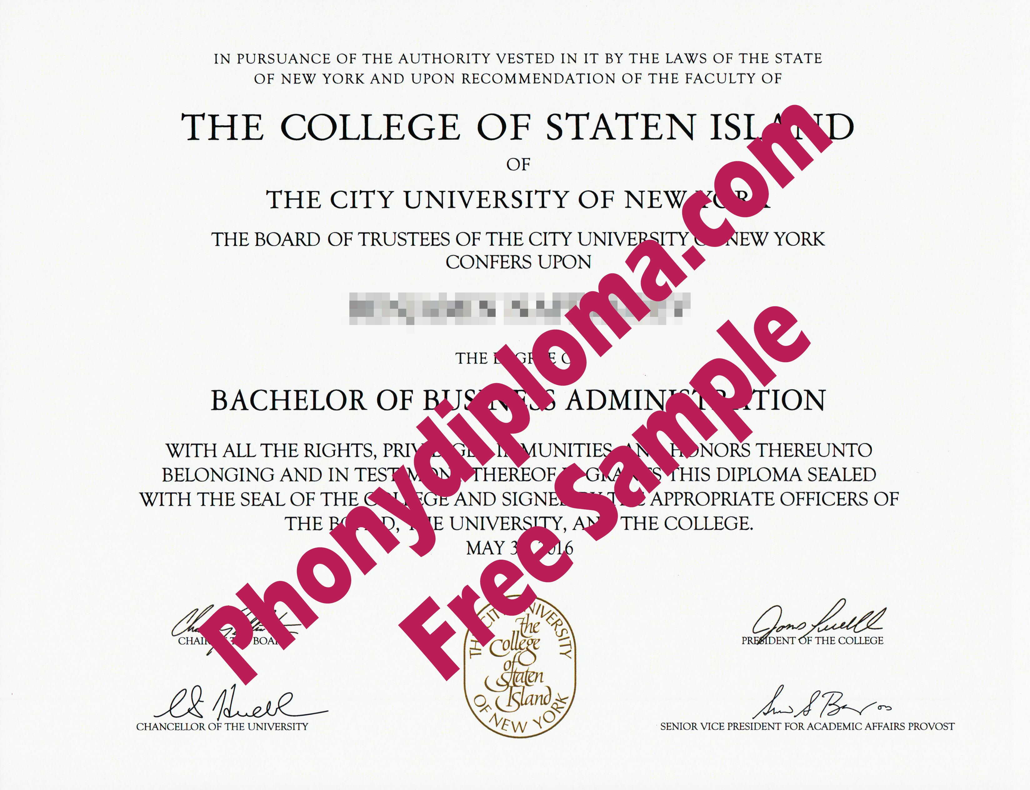 College Of Staten Island Ny Free Sample From Phonydiploma