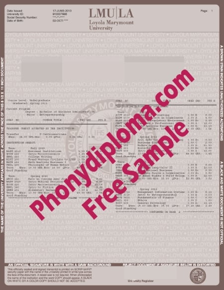 Usa California Loyola Marymount  Actual Match Transcripts  Free Sample From Phonydiploma