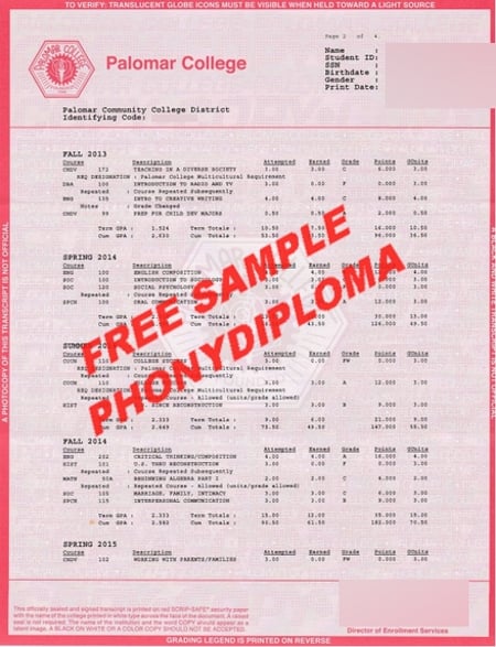 Usa California Palomar College Actual Match Transcript Free Sample From Phonydiploma