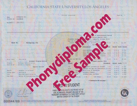 Usa California State University Los Angeles Actual Match Transcript Free Sample From Phonydiploma