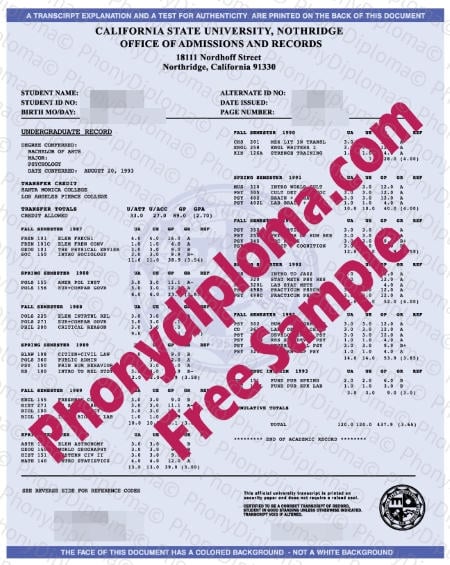 Usa California State University Northridge Actual Match Transcript Fake Diploma Sample