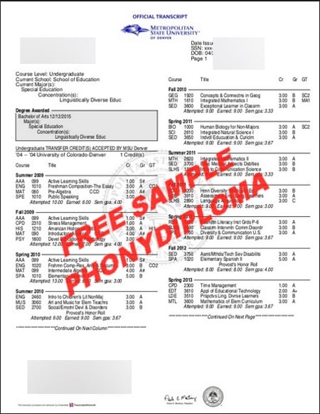 Usa Colorado Metropolitan State University Of Denver 2Actual Match Transcript Free Sample From Phonydiploma
