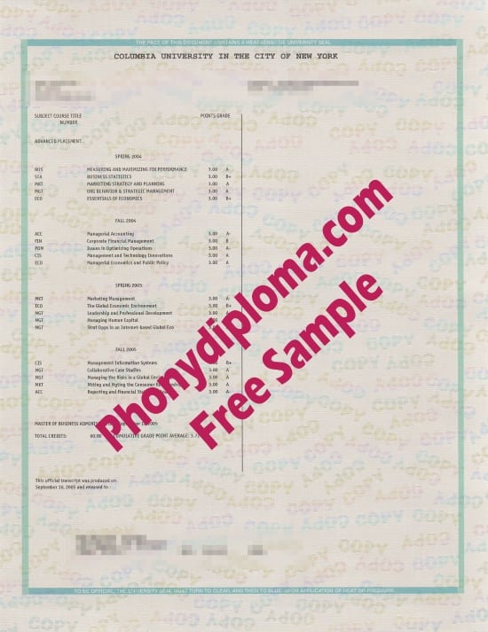 Usa Columbia University Actual Match Transcripts  Free Sample From Phonydiploma