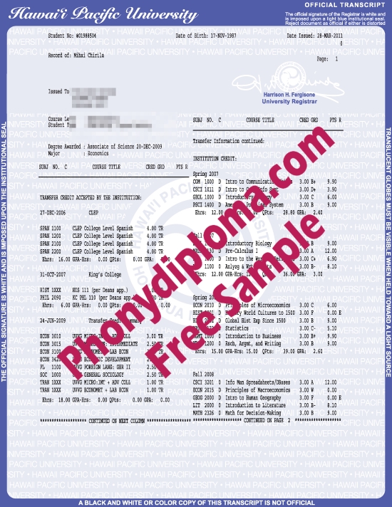 Usa Hawaii Pacific University Actual Match Transcript Free Sample From Phonydiploma