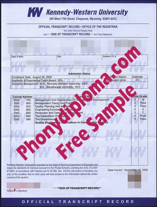 Usa Kennedy Western Actual Match University Transcript Free Sample Fropm Phonydiploma