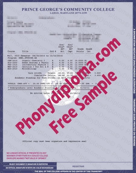Usa Maryland Prince George's Community College Actual Match Transcript Fake Diploma Sample