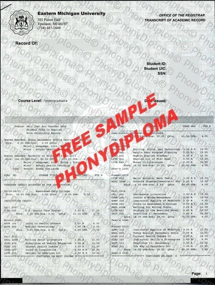 Usa Michigan Eastern Michigan University Actual Match Transcript Free Sample From Phonydiploma