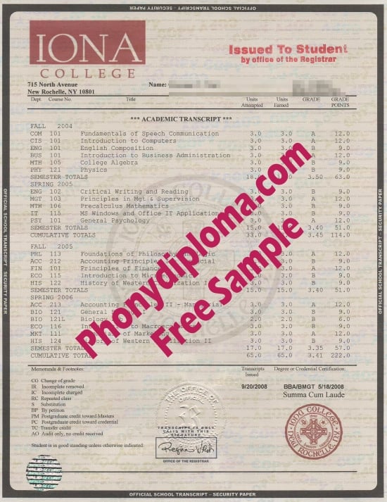 Usa New York Iona College Transcript Free Sample From Phonydiploma