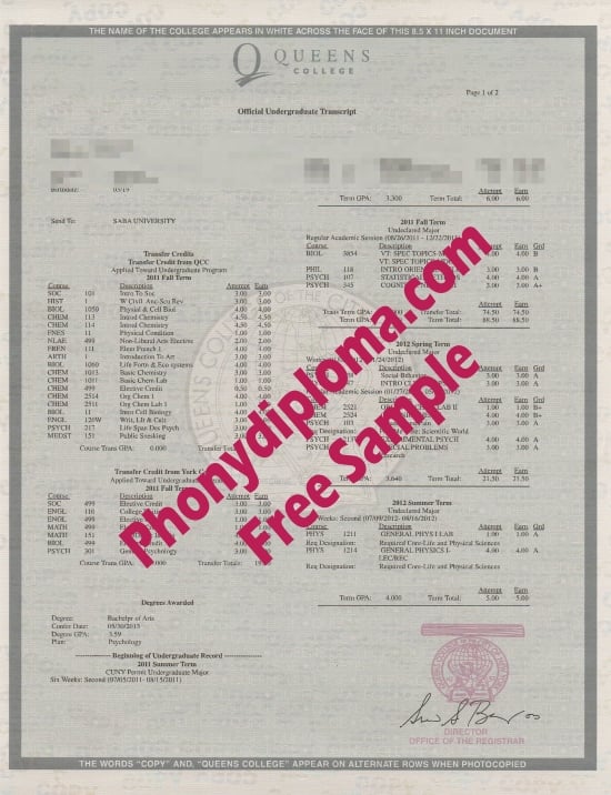 Usa Queens College Actual Match Transcripts Sample From Phonydiploma
