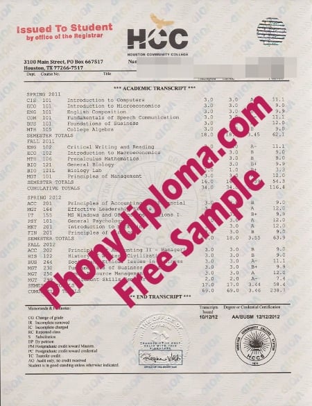 Usa Texas Houston Community College Actual Match Transcript Free Sample From Phonydiploma