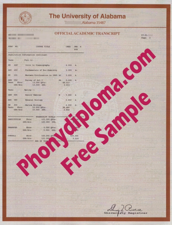 Usa The University Of Alabama Actual Match Transcript Free Sample From Phonydiploma