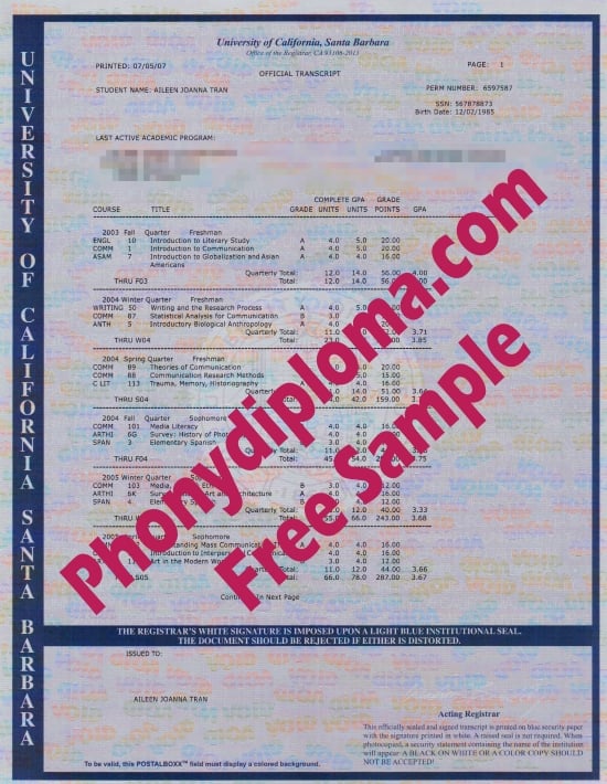 Usa University Of California Santa Barbara Actual Match Transcript Free Sample From Phonydiploma