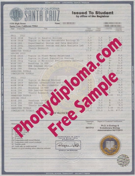 Usa University Of California Santa Cruz House Match Transcript Free Sample From Phonydiplom