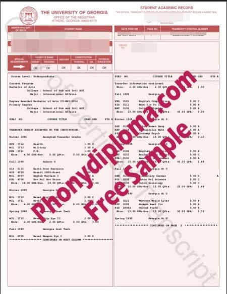 Usa University Of Georgia Actual Match Transcript Free Sample From Phonydiploma