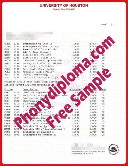 Usa University Of Houston Actual Match Transcripts Phonydiploma Free Sample