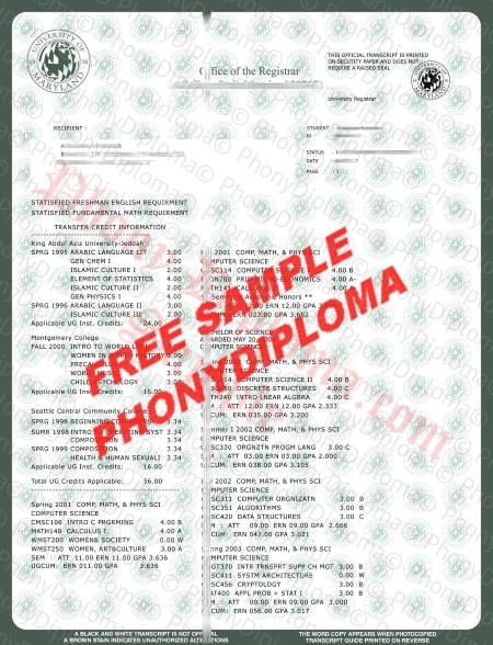 Usa University Of Maryland Actual Match Transcript Fake Diploma Sample
