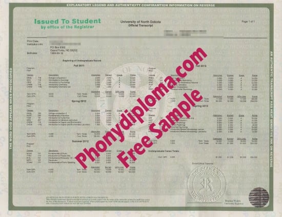 Usa University Of North Dakota Actual Match Transcripts Free Sample From Phonydiploma