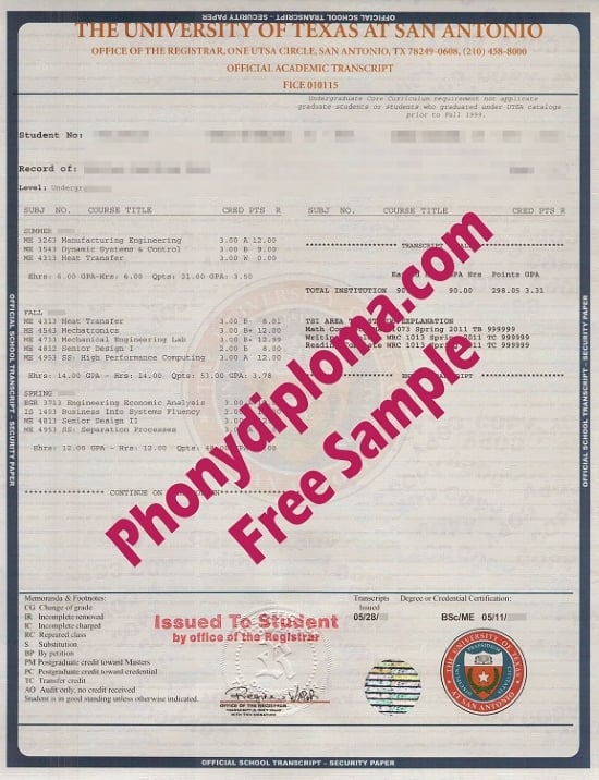 Usa University Of Texas At San Antonio Actual Match Transcript Free Sample From Phonydiploma