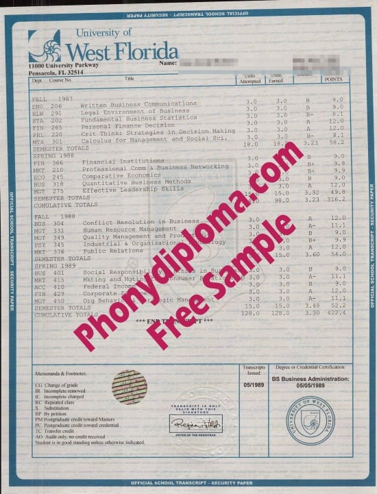 Usa University Of West Florida House Desiogn Transcript Free Sample From Phonydiploma