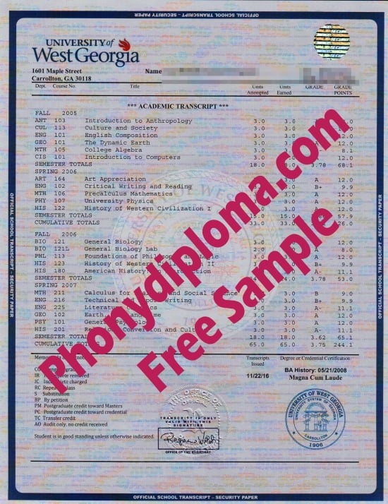 Usa University Of West Georgia House Design Transcript Free Sample From Phonydiploma
