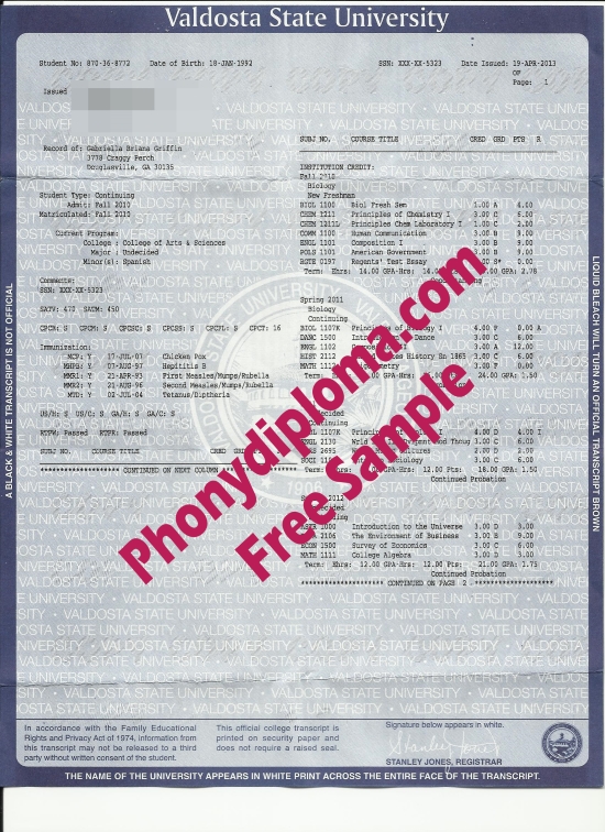 Usa Valdosta State University Actual Match Transcript Free Sample From Phonydiploma