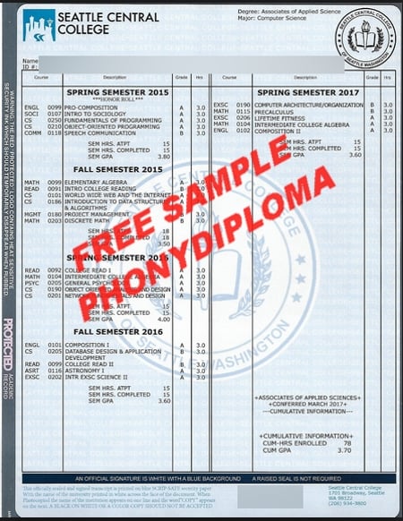 Usa Washington Seattle Central College Free Sample From Phonydiploma