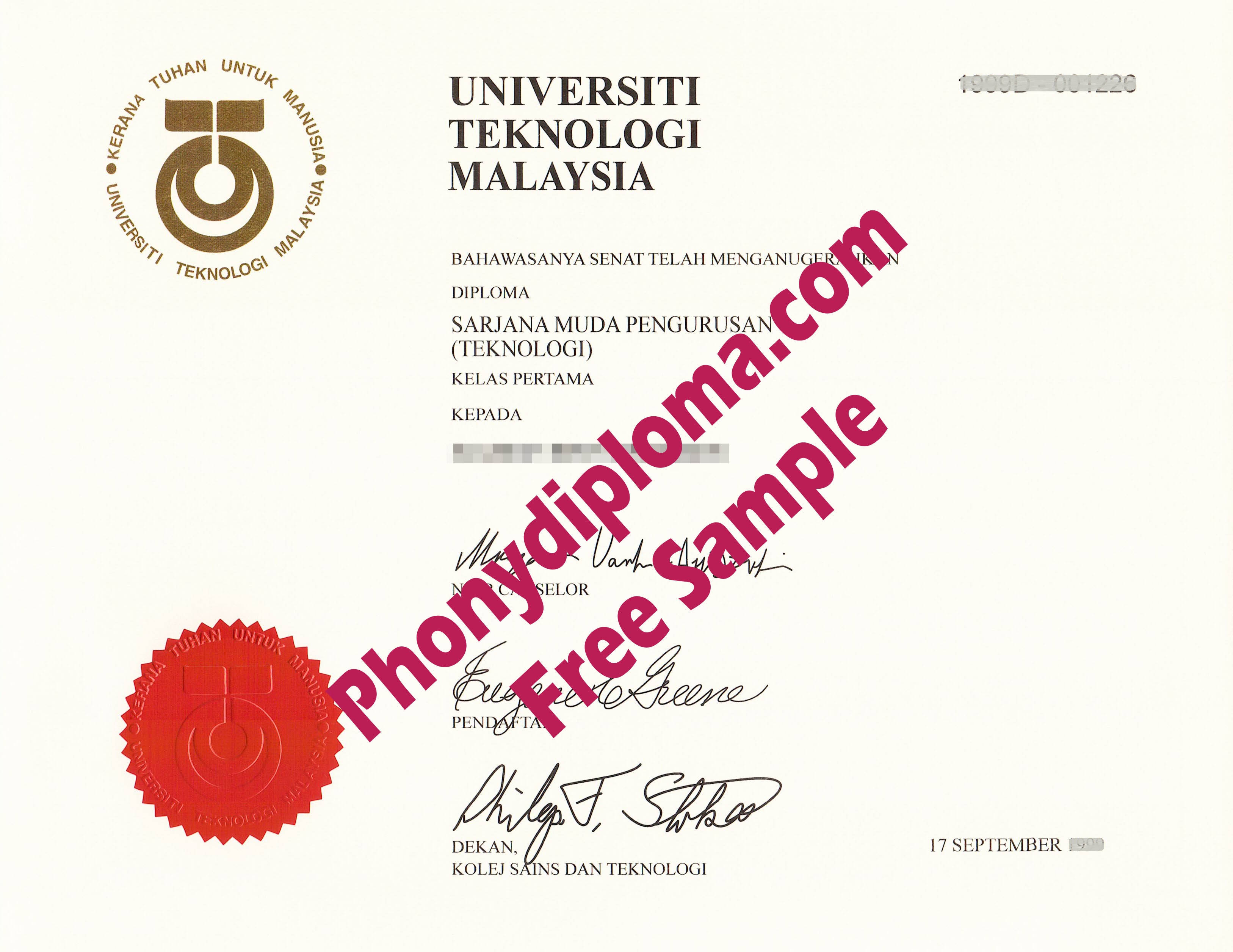Universiti Teknologi Malaysia Free Sample From Phonydiploma