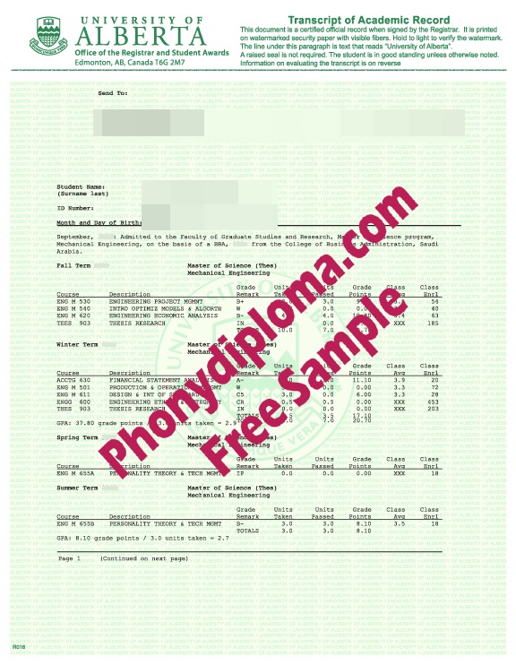 University Of Alberta Actual Match Transcript Free Sample From Phonydiploma