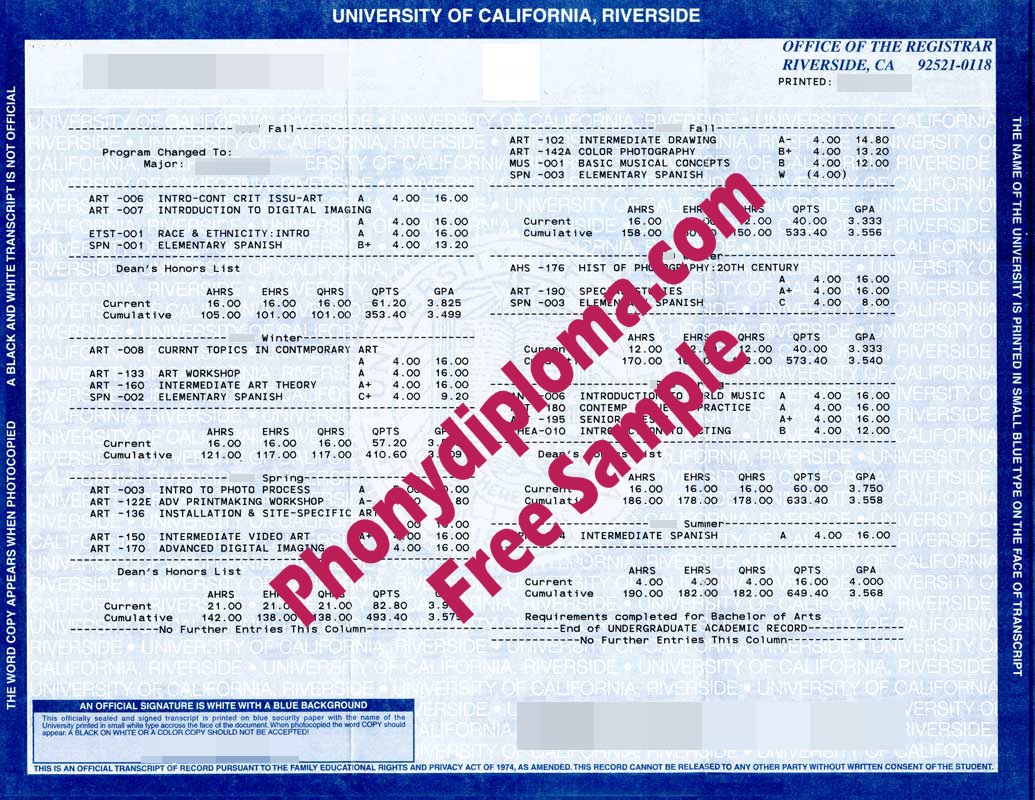 University Of California Riverside Actual Match Transcript Free Sample From Phonydiploma