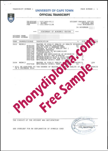 University Of Capetown Actual Match Transcripts Free Sample From Phonydiploma