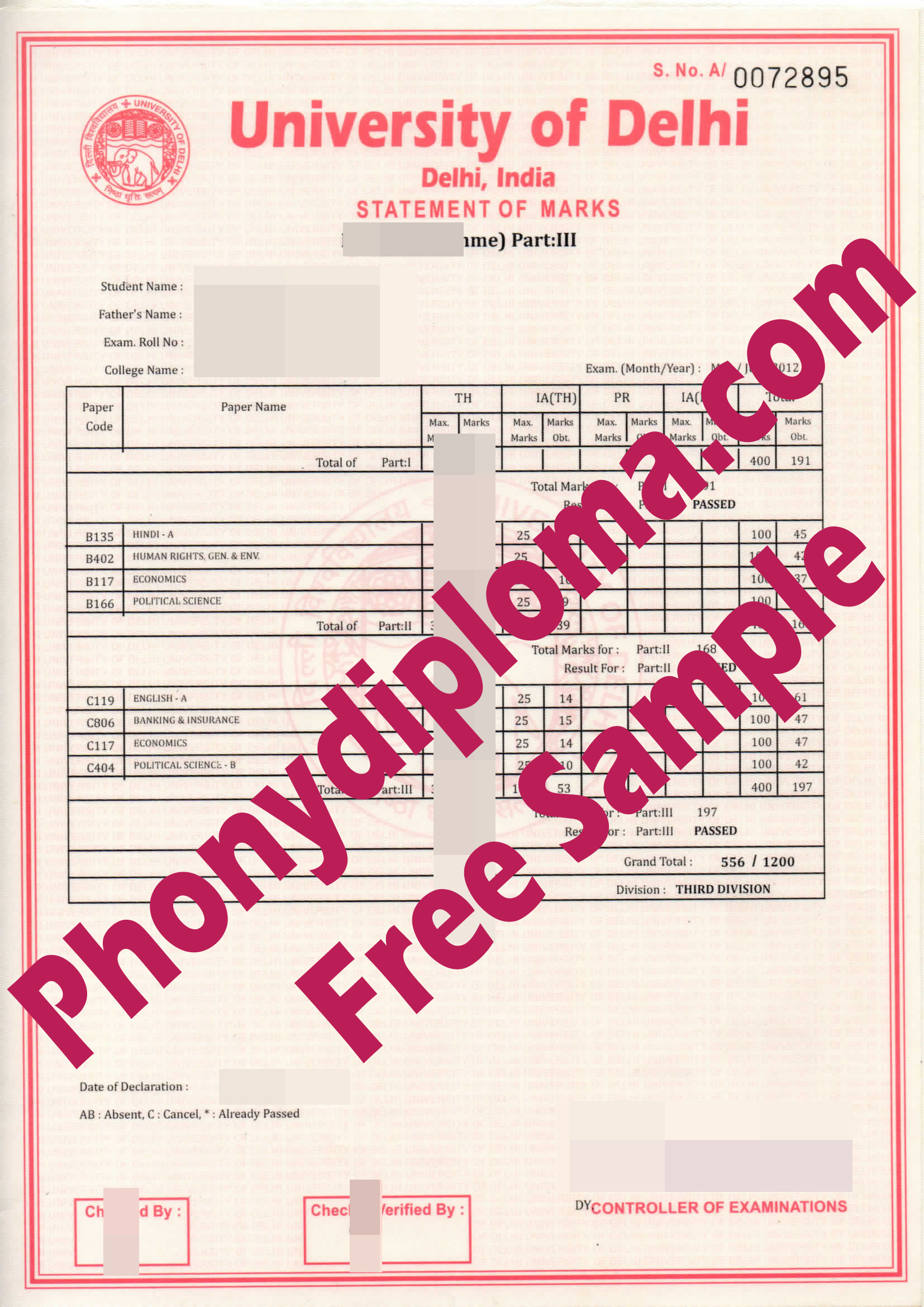 University Of Delhi India Actual Match Transcripts Free Sample From Phonydiploma