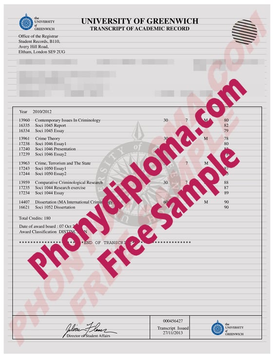 University Of Greenwich Actual Match Transcript  Free Sample From Phonydiploma