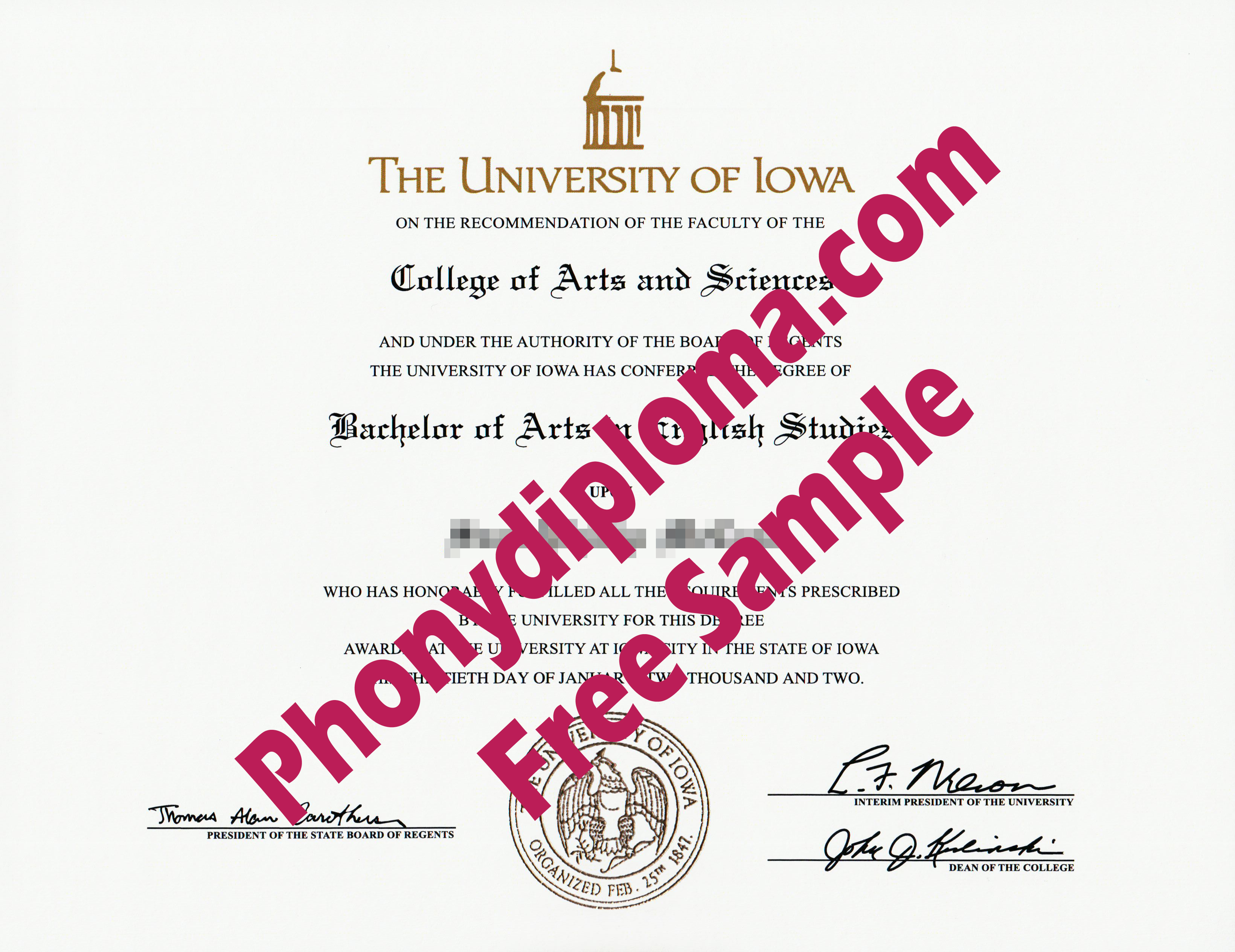 University Of Iowa Free Sample From Phonydiploma (2)