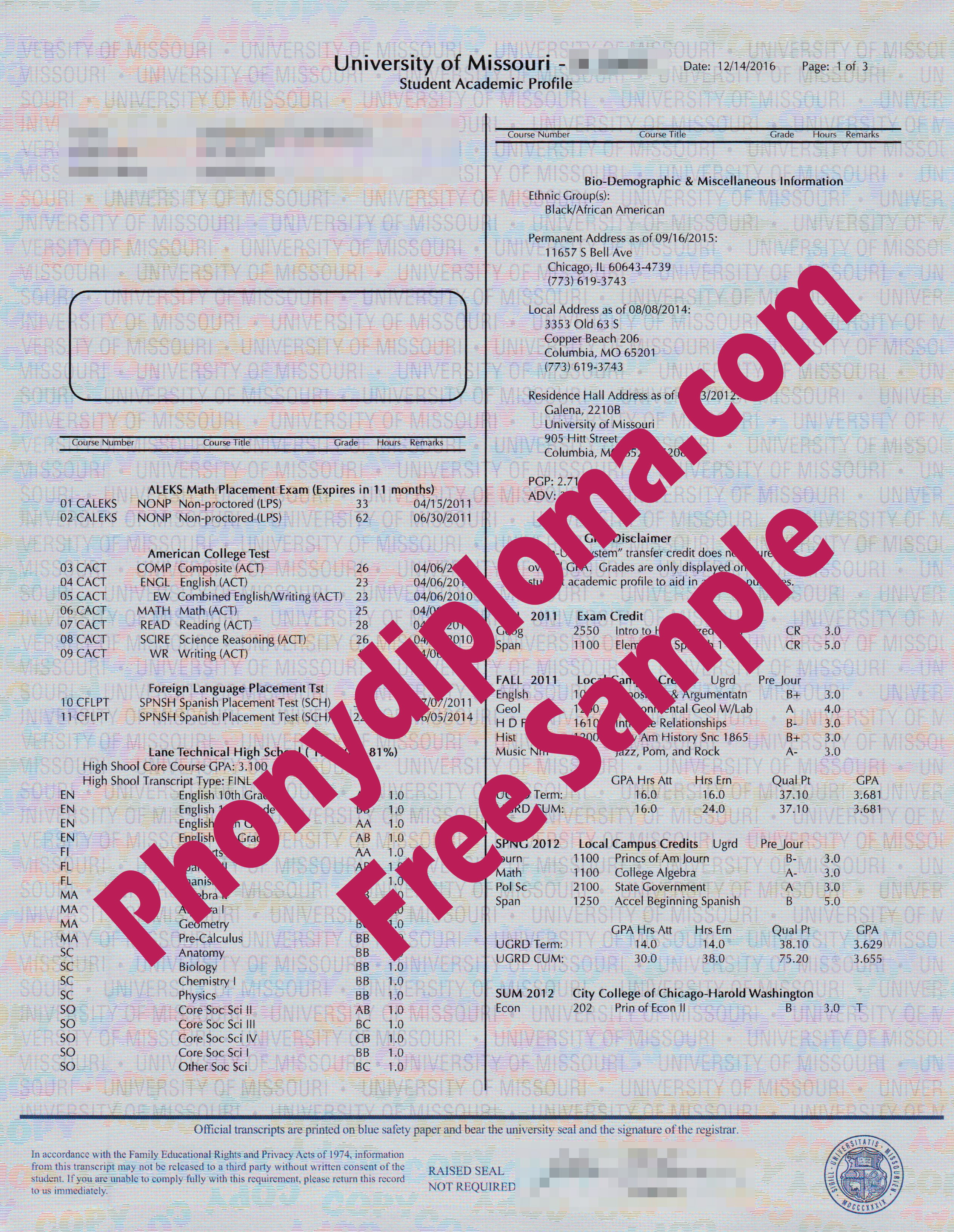 University Of Missouri Actual Match Transcripts Free Sample From Phonydiploma