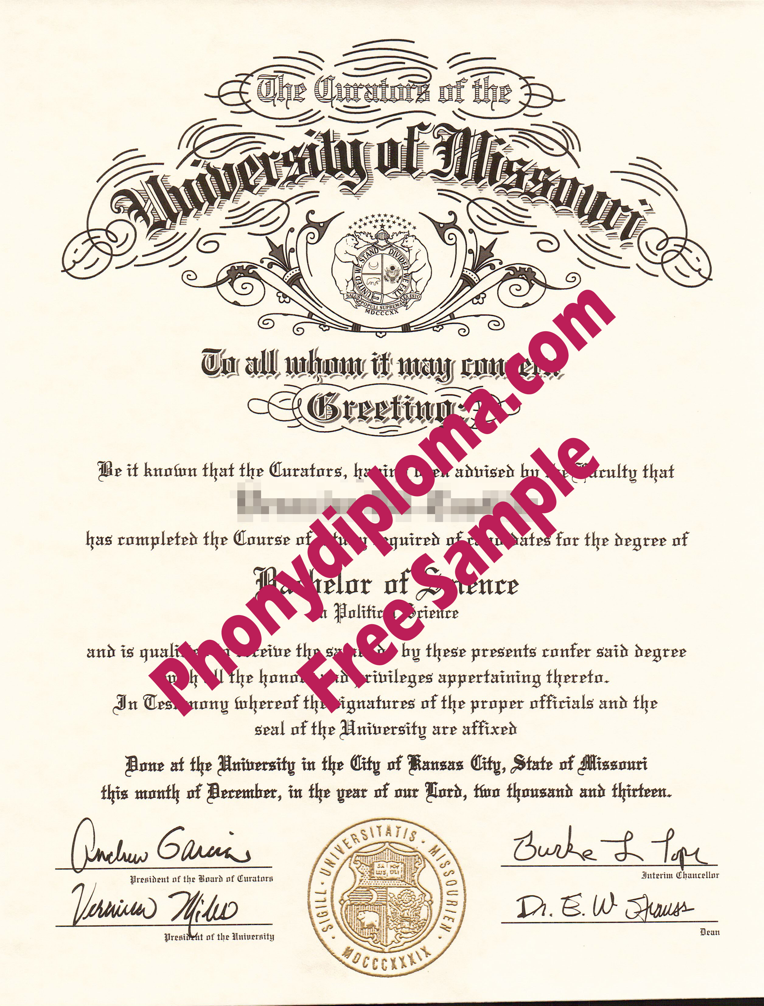 University Of Missouri Kansas City Free Sample From Phonydiploma