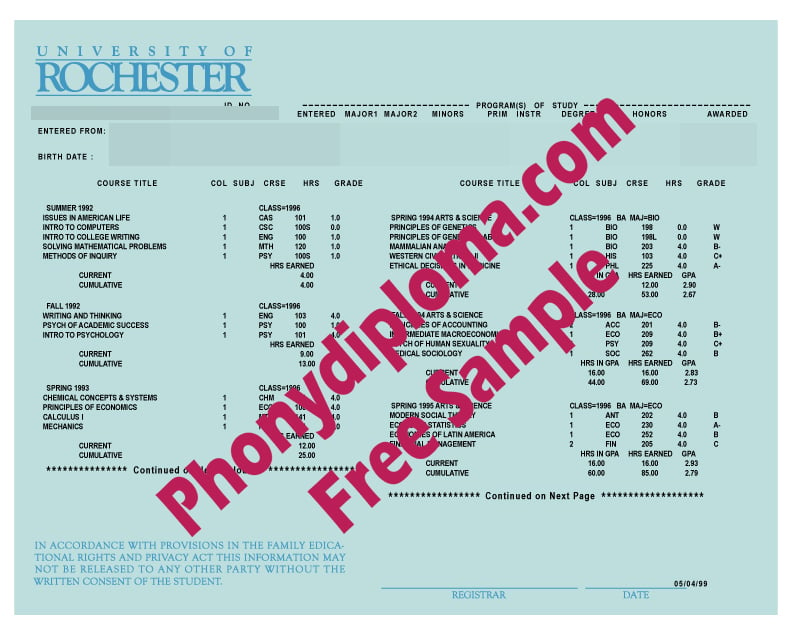University Of Rochester Actual Match Transcripts Free Sample From Phonydiploma