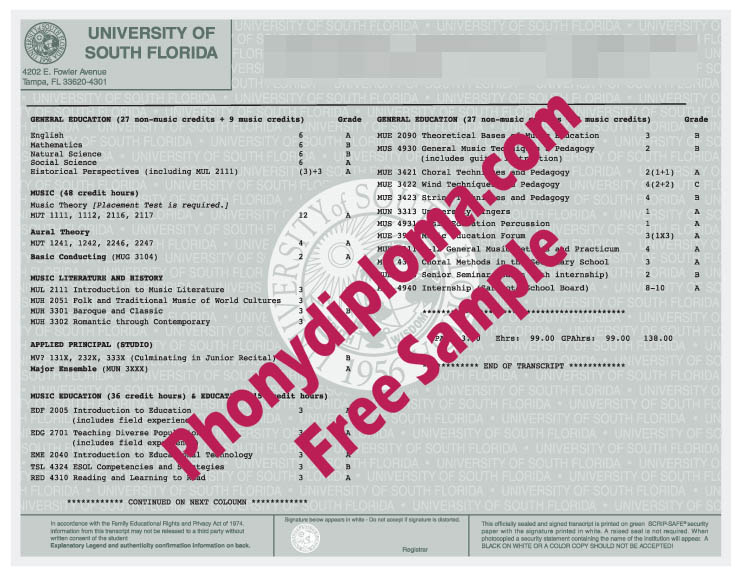 University Of South Florida Transcripts Actual Match Transcripts Free Sample From Phonydiploma
