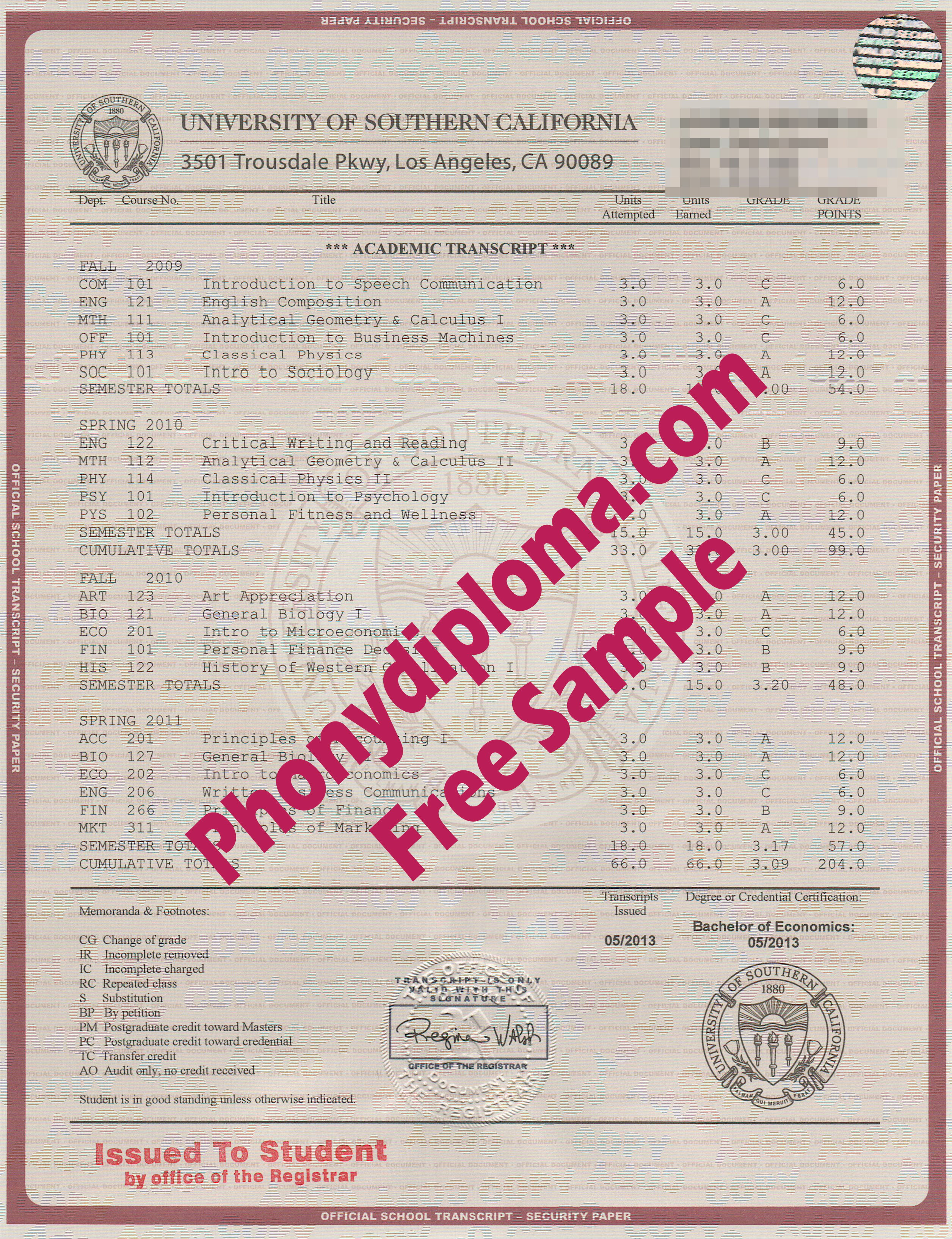 University Of Southern California House Design Transcripts Free Sample From Phonydiploma