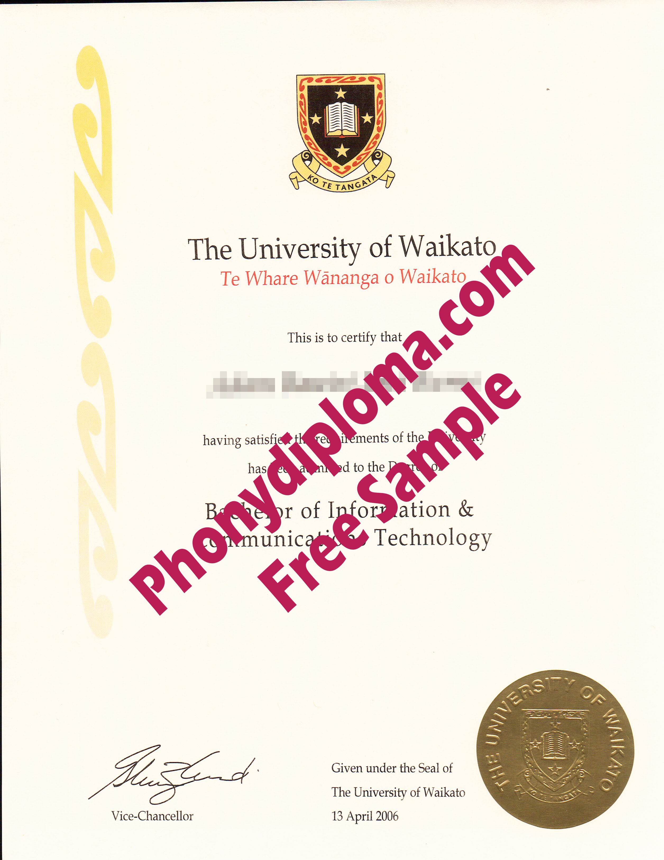 University Of Waikato Free Sample From Phonydiploma