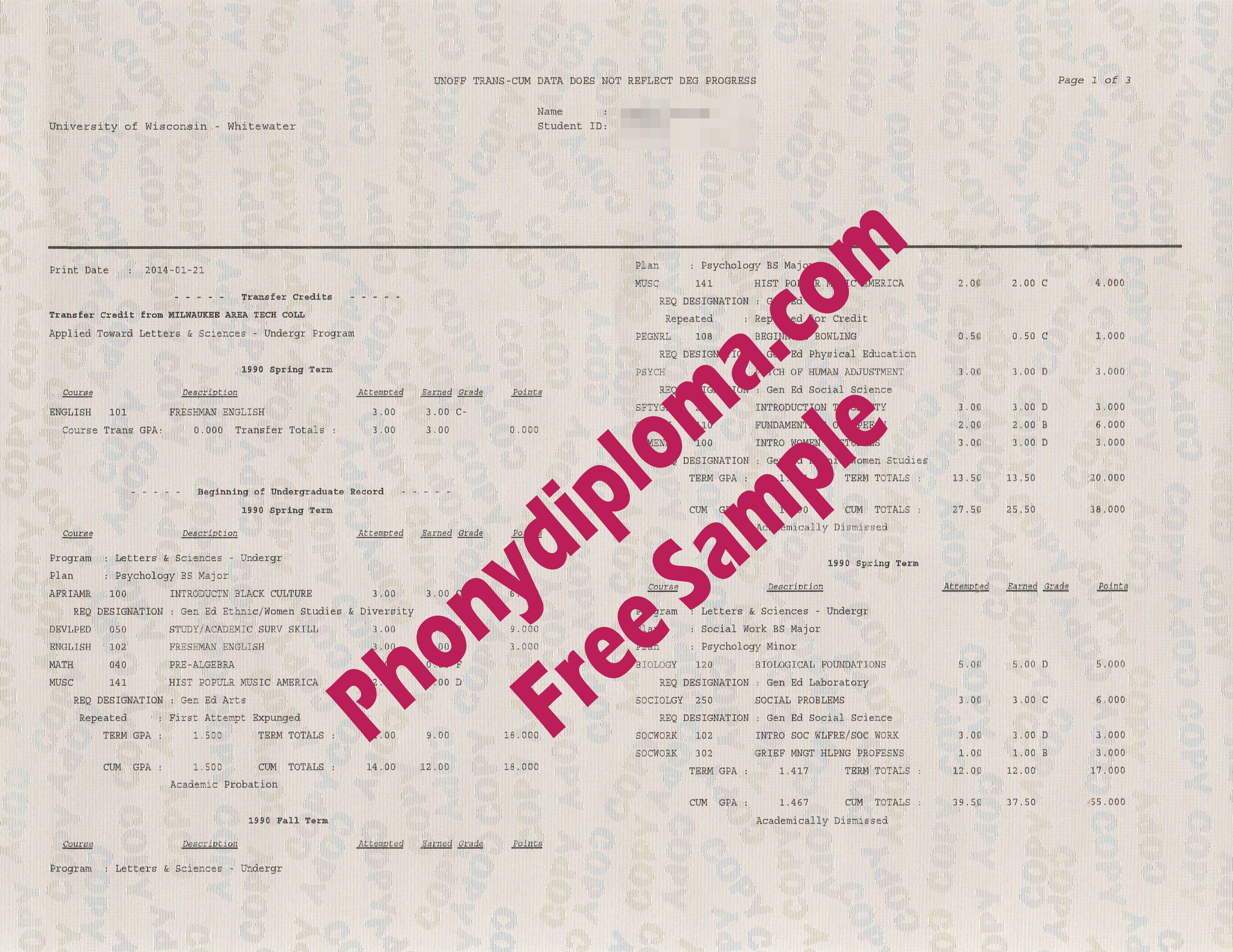 University Of Wisconsin Whitewater Actual Match Transcript Free Sample From Phonydiploma