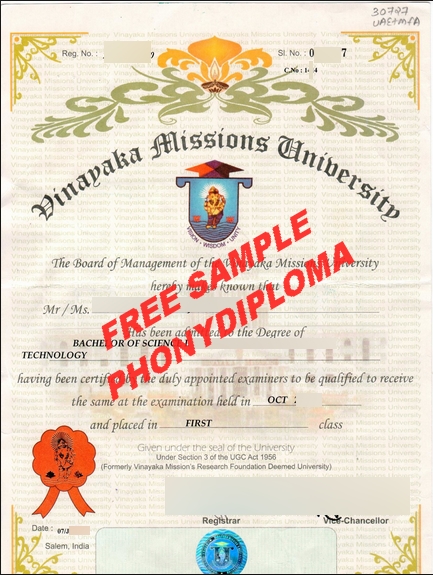 Vinayake Missions University Diploma Free Sample From Phonydiploma