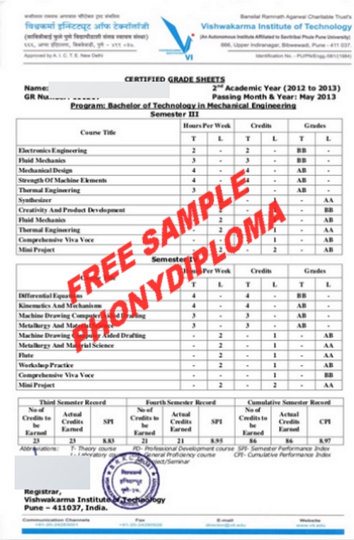Vishwakarma Institute Of Technology Actual Match Transcript Free Sample From Phonydiploma