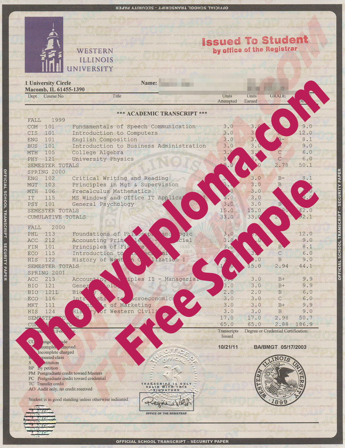 Western Illinois University Transcrip Free Sample From Phonydiploma