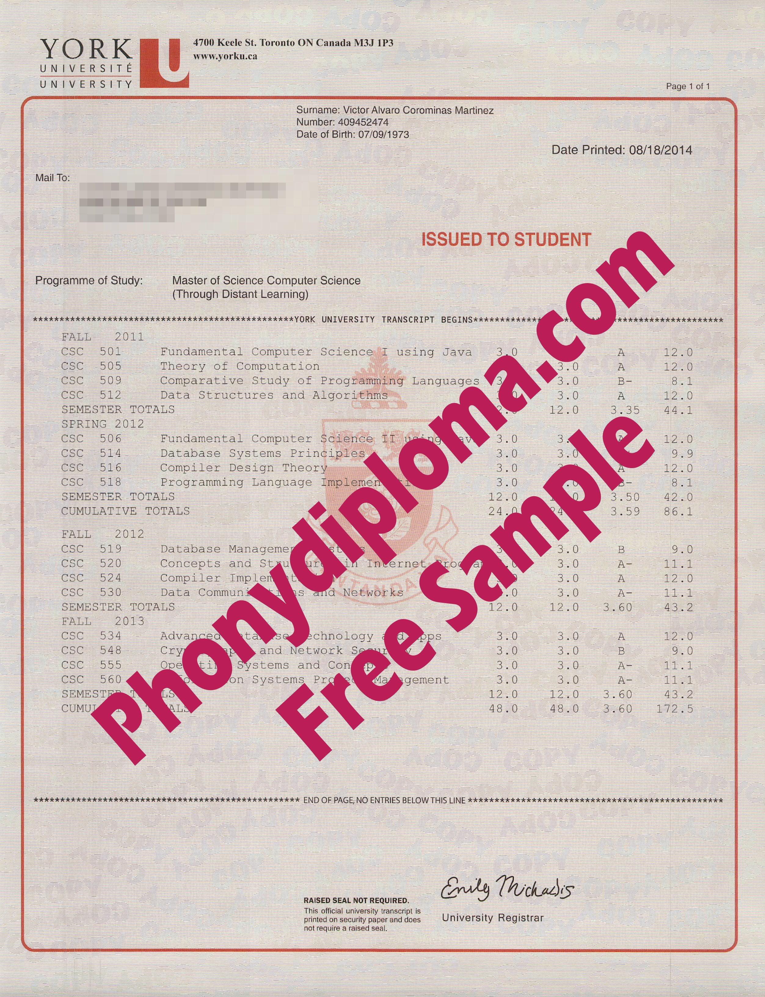 York University Actual Match Transcript  Free Sample From Phonydiploma