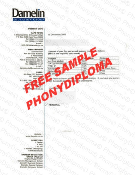 South Africa Damelin College Actual Match Transcript Free Sample From Phonydiploma