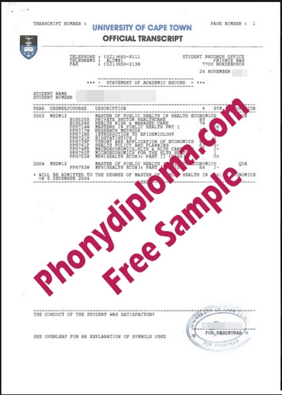 South Africa University Of Cape Town Actual Match Transcripts Free Sample From Phonydiploma