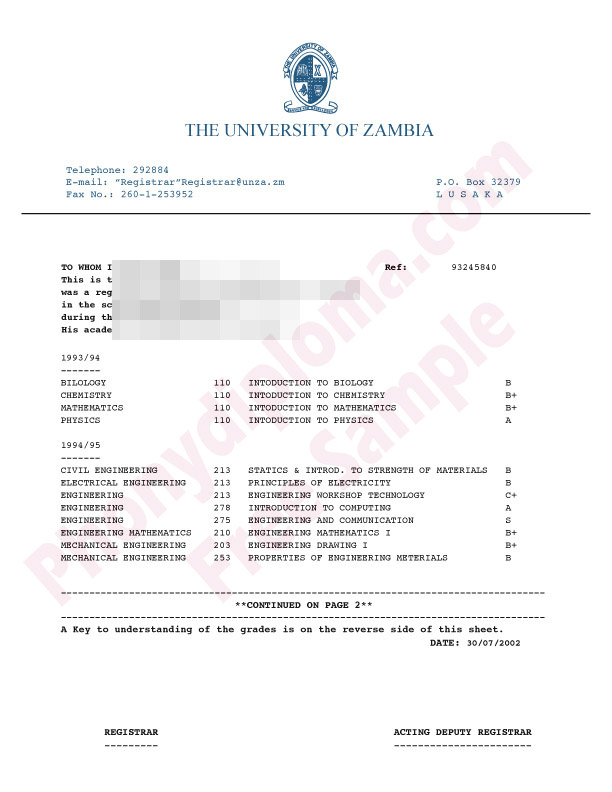 University Of Zambia Africa Fake Transcript Sample From Phonydiploma