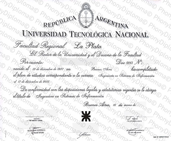 Argentina Universidad Tecnologica Nacional Free Sample From Phonydiploma