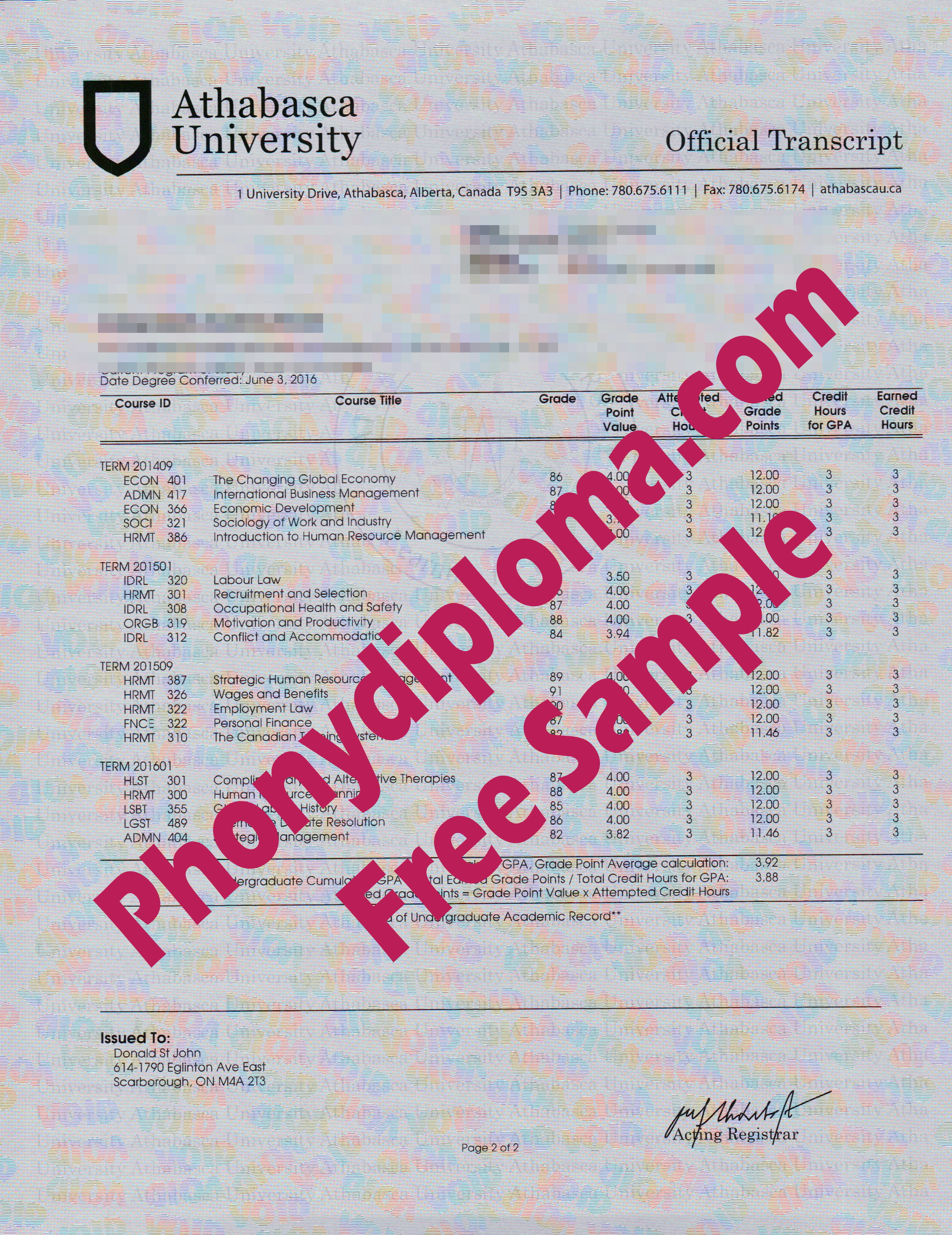 Athabasca University Actual Match Transcripts Free Sample From Phonydiploma